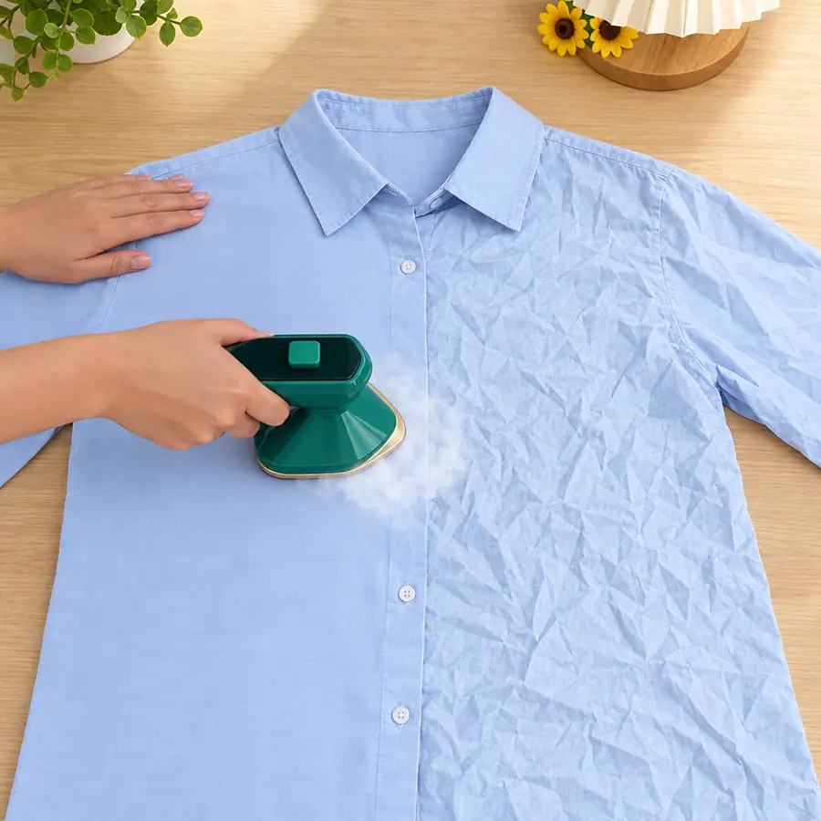 Mano pasando la mini plancha sobre una camisa celeste arrugada