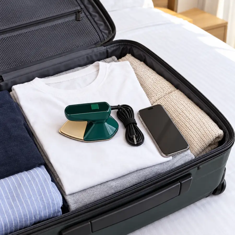 La mini plancha guardada en una maleta de viaje